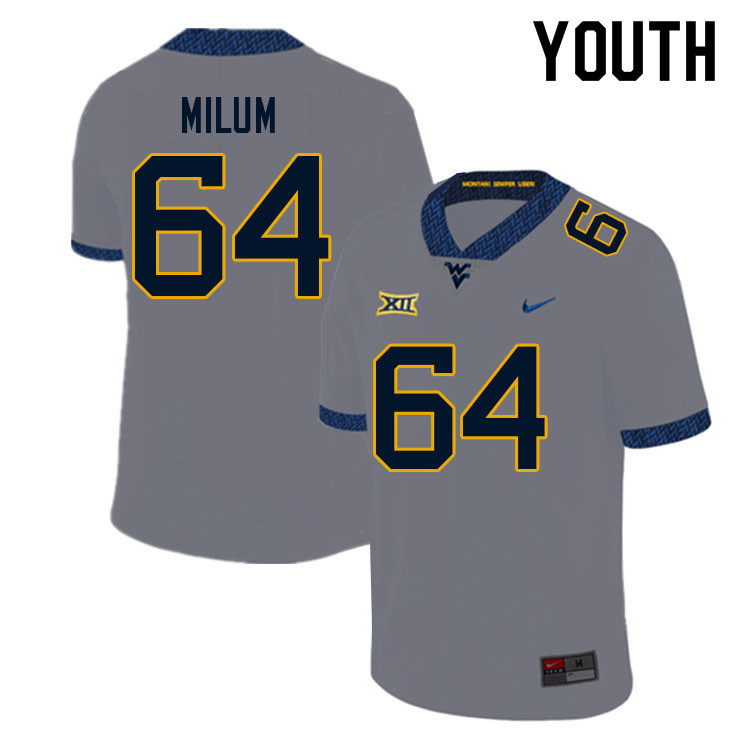Youth #64 Wyatt Milum West Virginia Mountaineers College Football Jerseys Sale-Gray - Click Image to Close